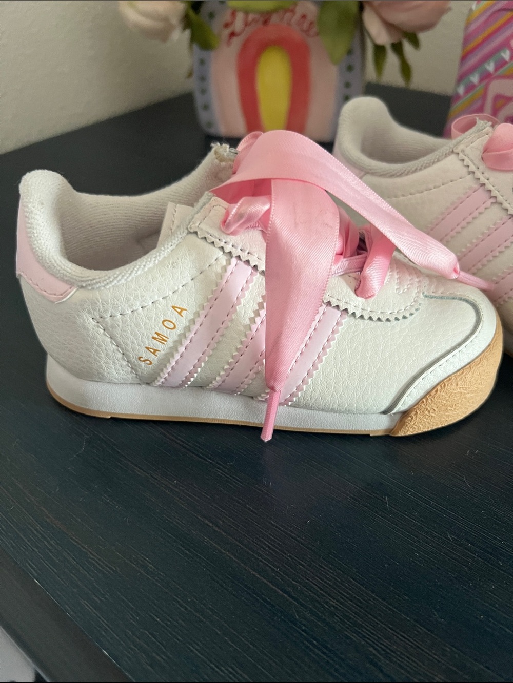 Kids White and Pink Adidas Samba with Ribbon Laces - Like New worn Once